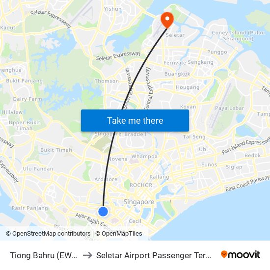 Tiong Bahru (EW17) to Seletar Airport Passenger Terminal map