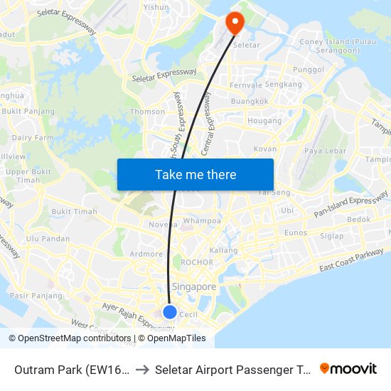 Outram Park (EW16|NE3) to Seletar Airport Passenger Terminal map