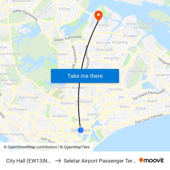 City Hall (EW13|NS25) to Seletar Airport Passenger Terminal map
