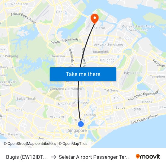 Bugis (EW12|DT14) to Seletar Airport Passenger Terminal map