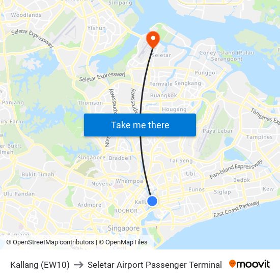 Kallang (EW10) to Seletar Airport Passenger Terminal map