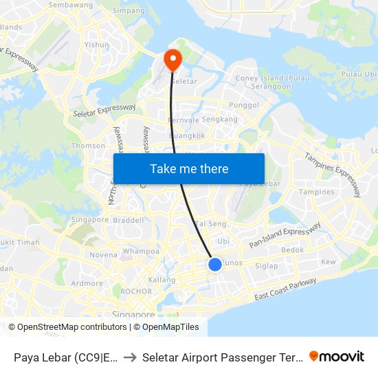 Paya Lebar (CC9|EW8) to Seletar Airport Passenger Terminal map