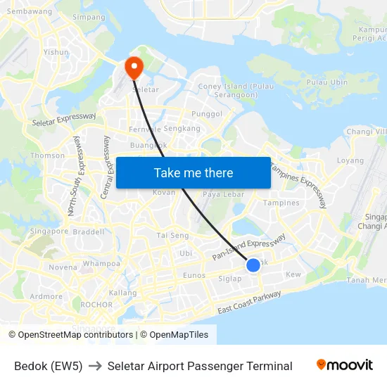 Bedok (EW5) to Seletar Airport Passenger Terminal map