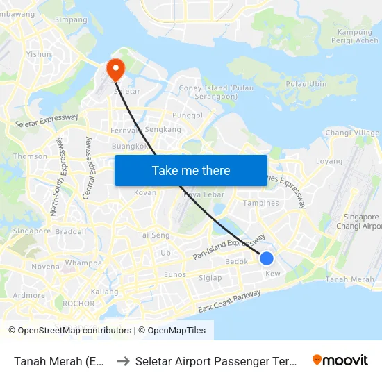 Tanah Merah (EW4) to Seletar Airport Passenger Terminal map