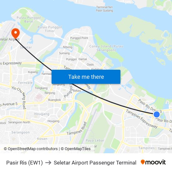 Pasir Ris (EW1) to Seletar Airport Passenger Terminal map