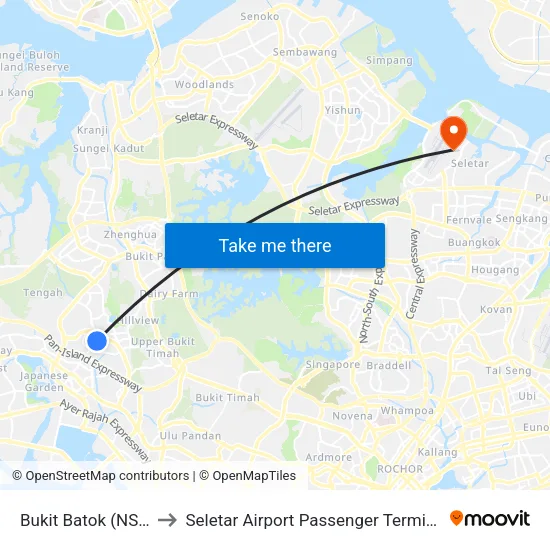 Bukit Batok (NS2) to Seletar Airport Passenger Terminal map