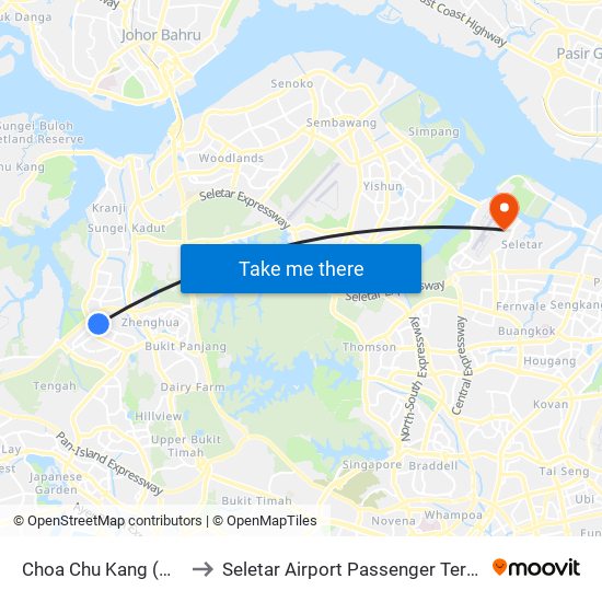 Choa Chu Kang (NS4) to Seletar Airport Passenger Terminal map