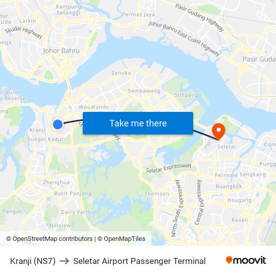 Kranji (NS7) to Seletar Airport Passenger Terminal map