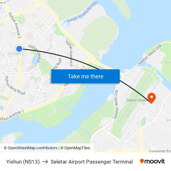 Yishun (NS13) to Seletar Airport Passenger Terminal map