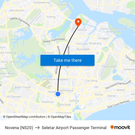 Novena (NS20) to Seletar Airport Passenger Terminal map