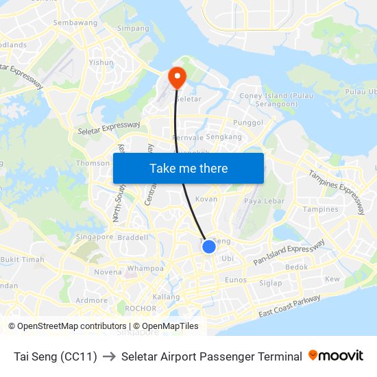 Tai Seng (CC11) to Seletar Airport Passenger Terminal map