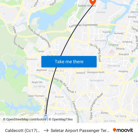 Caldecott (Cc17|Te9) to Seletar Airport Passenger Terminal map