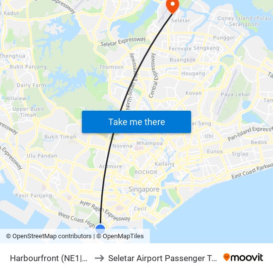 Harbourfront (NE1|CC29) to Seletar Airport Passenger Terminal map