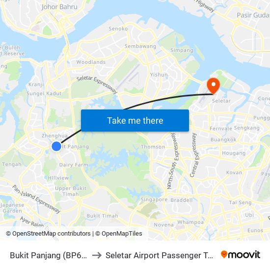 Bukit Panjang (BP6|DT1) to Seletar Airport Passenger Terminal map
