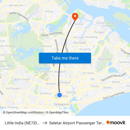 Little India (NE7|DT12) to Seletar Airport Passenger Terminal map