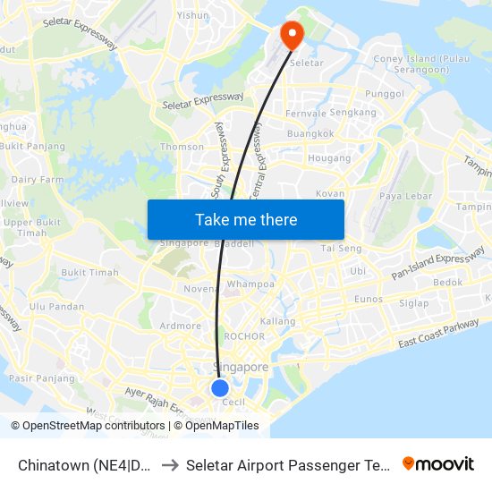 Chinatown (NE4|DT19) to Seletar Airport Passenger Terminal map