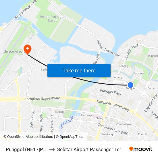 Punggol (NE17|PTC) to Seletar Airport Passenger Terminal map
