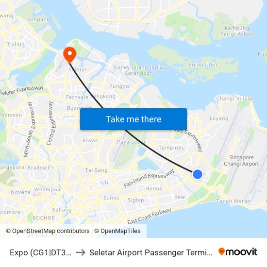 Expo (CG1|DT35) to Seletar Airport Passenger Terminal map