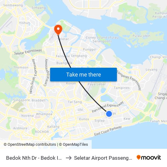 Bedok Nth Dr - Bedok Int (84009) to Seletar Airport Passenger Terminal map