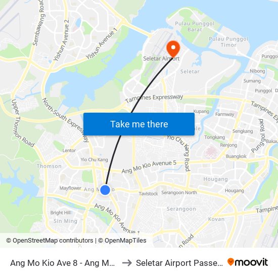 Ang Mo Kio Ave 8 - Ang Mo Kio Int (54009) to Seletar Airport Passenger Terminal map