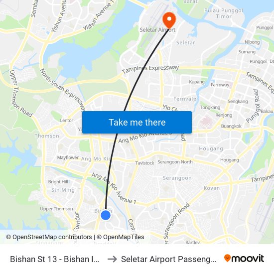 Bishan St 13 - Bishan Int (53009) to Seletar Airport Passenger Terminal map