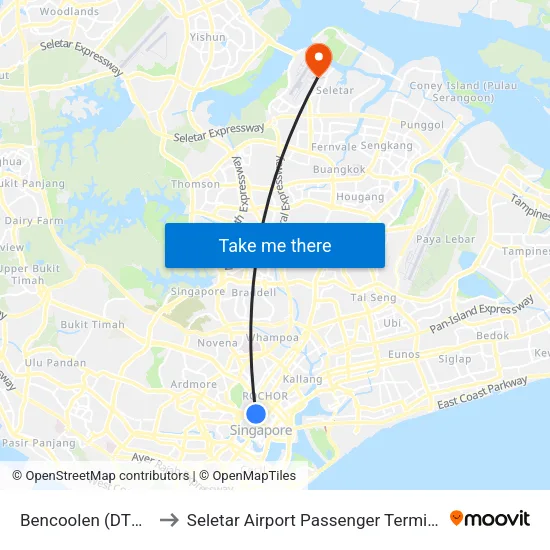 Bencoolen (DT21) to Seletar Airport Passenger Terminal map