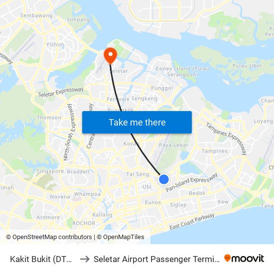 Kakit Bukit (DT28) to Seletar Airport Passenger Terminal map