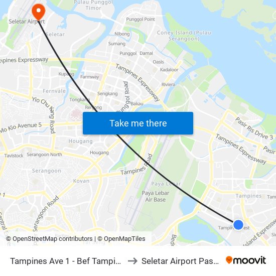 Tampines Ave 1 - Bef Tampines West Stn (75059) to Seletar Airport Passenger Terminal map