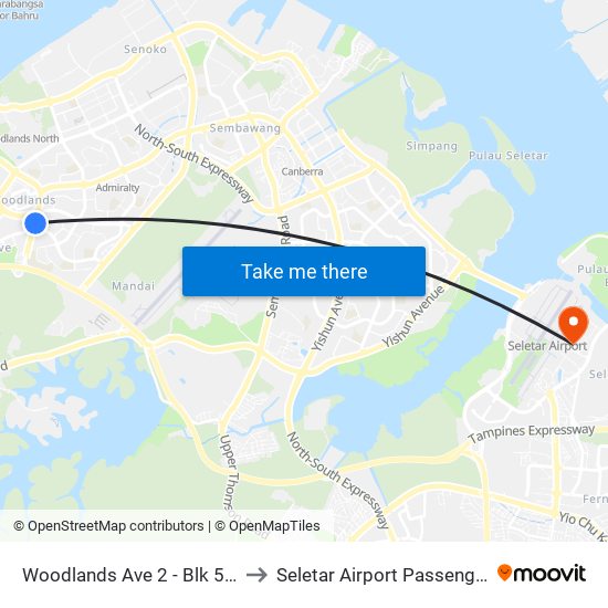 Woodlands Ave 2 - Blk 511 (46331) to Seletar Airport Passenger Terminal map