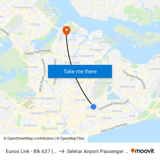 Eunos Link - Blk 637 (71091) to Seletar Airport Passenger Terminal map