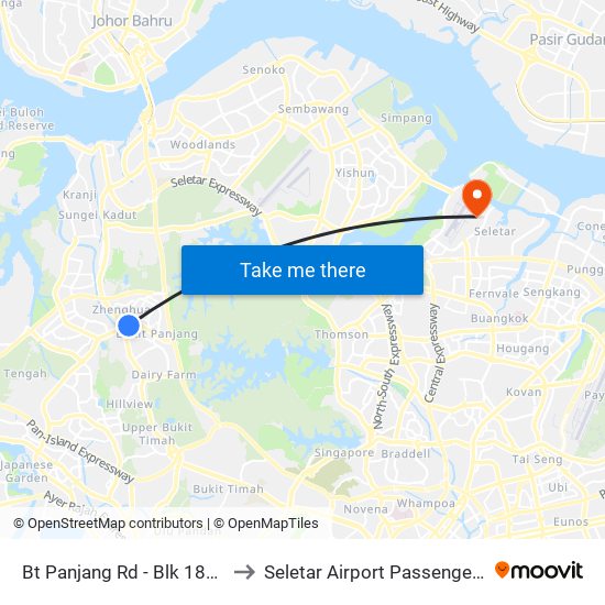 Bt Panjang Rd - Blk 183 (44259) to Seletar Airport Passenger Terminal map