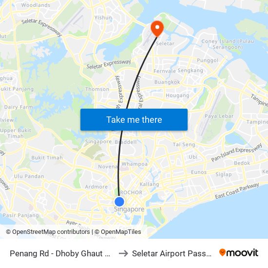 Penang Rd - Dhoby Ghaut Stn Exit B (08031) to Seletar Airport Passenger Terminal map