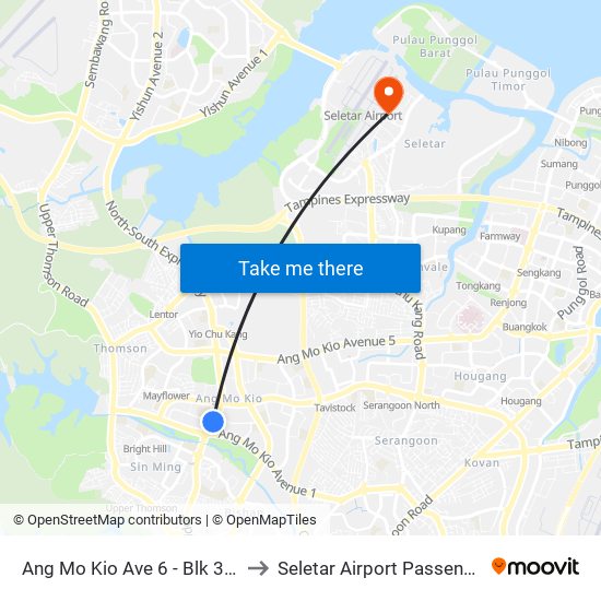 Ang Mo Kio Ave 6 - Blk 307a (54019) to Seletar Airport Passenger Terminal map
