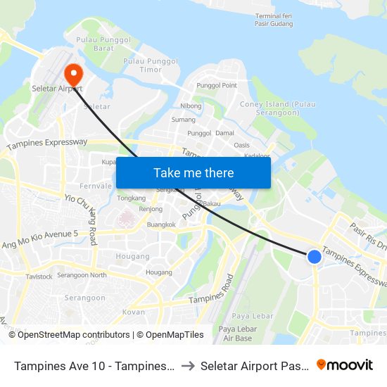 Tampines Ave 10 - Tampines Wafer Fab Pk (75351) to Seletar Airport Passenger Terminal map