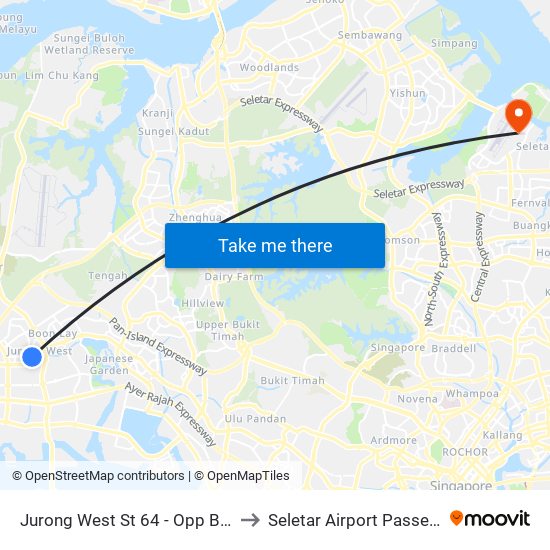 Jurong West St 64 - Opp Blk 662c (22499) to Seletar Airport Passenger Terminal map