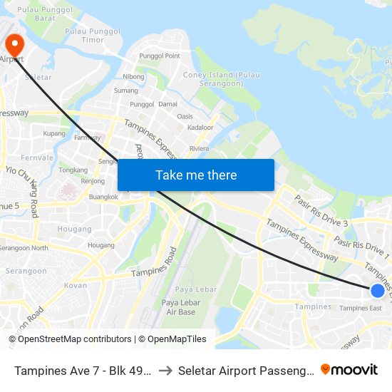 Tampines Ave 7 - Blk 497d (76241) to Seletar Airport Passenger Terminal map