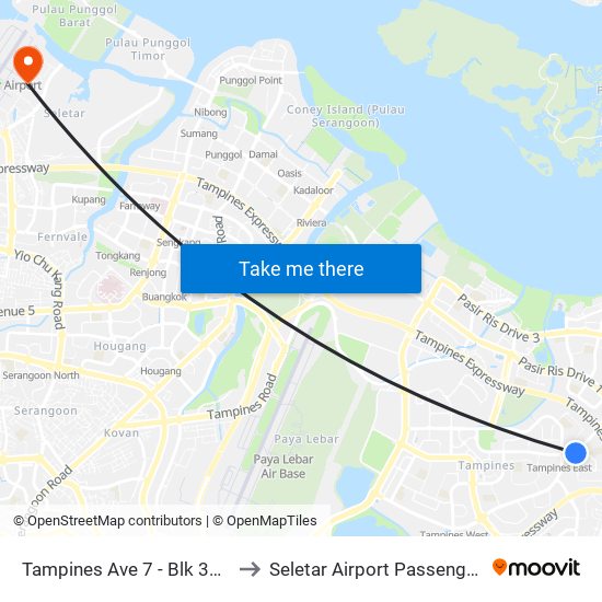 Tampines Ave 7 - Blk 390 (76239) to Seletar Airport Passenger Terminal map