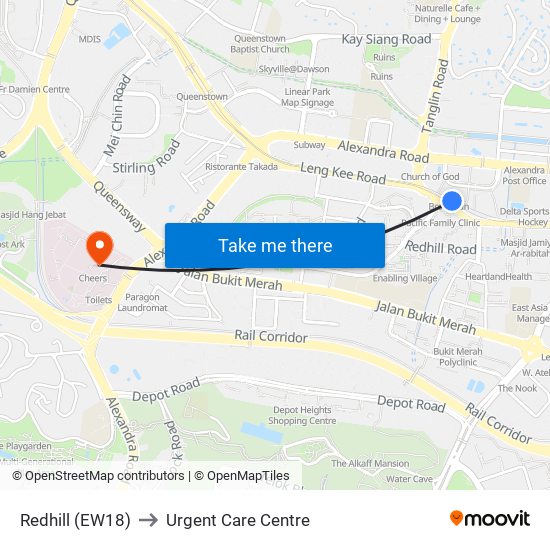 Redhill (EW18) to Urgent Care Centre map