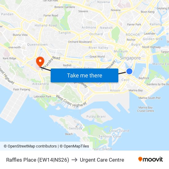 Raffles Place (EW14|NS26) to Urgent Care Centre map