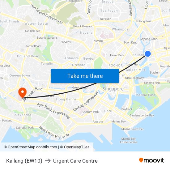 Kallang (EW10) to Urgent Care Centre map