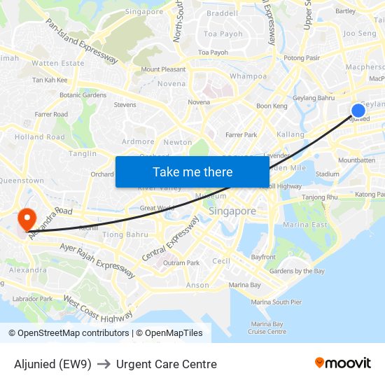 Aljunied (EW9) to Urgent Care Centre map