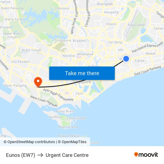 Eunos (EW7) to Urgent Care Centre map