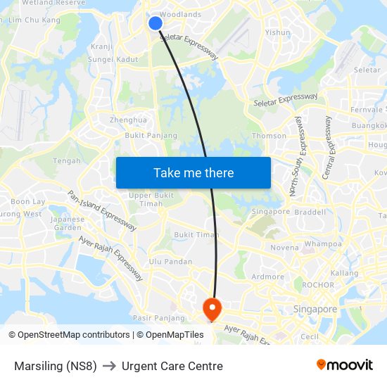 Marsiling (NS8) to Urgent Care Centre map