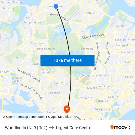 Woodlands (Ns9 | Te2) to Urgent Care Centre map