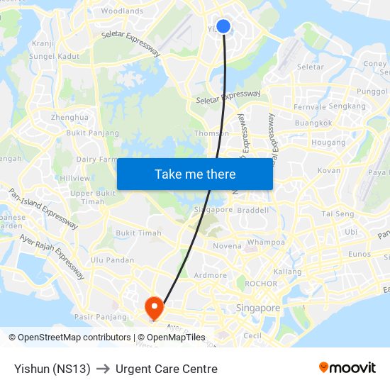 Yishun (NS13) to Urgent Care Centre map