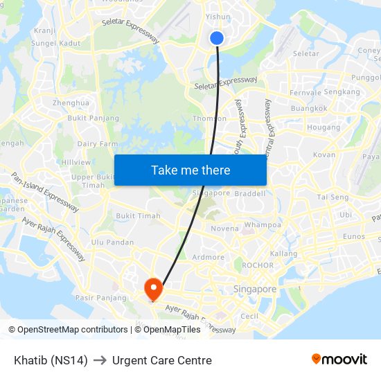 Khatib (NS14) to Urgent Care Centre map