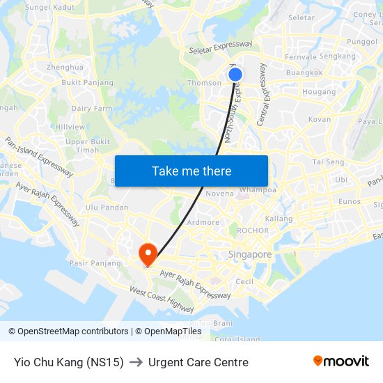 Yio Chu Kang (NS15) to Urgent Care Centre map