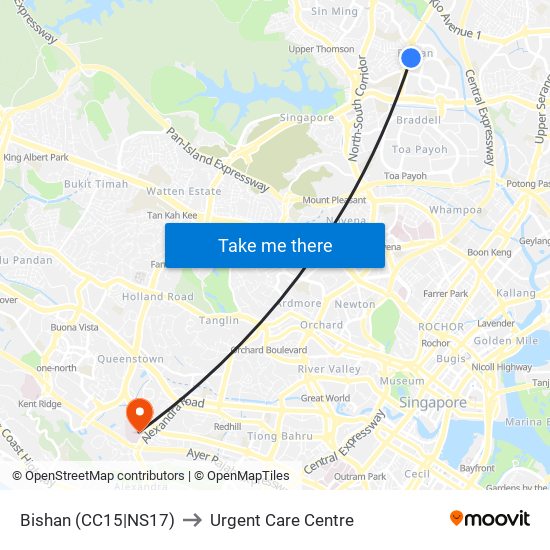 Bishan (CC15|NS17) to Urgent Care Centre map