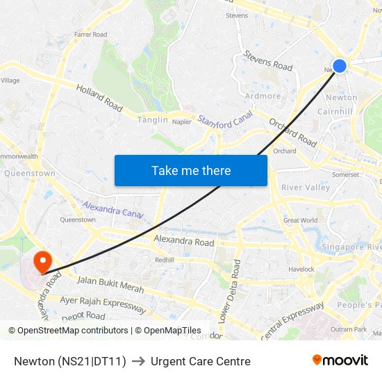 Newton (NS21|DT11) to Urgent Care Centre map