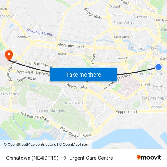 Chinatown (NE4|DT19) to Urgent Care Centre map